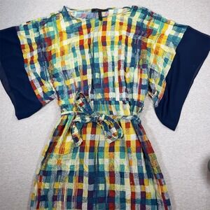 BCBGMAXAZRIA Dress Womens XS Multicolor Plaid Kimono‎ Sleeve Mini Tie Waist
